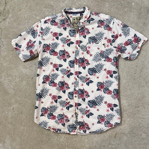 Fly Guy Casual Button Down Shirt Men’s Large White Blue Floral Short Sleeve